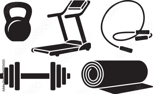 Kettlebell treadmill dumbbell jump rope and yoga mat vector
