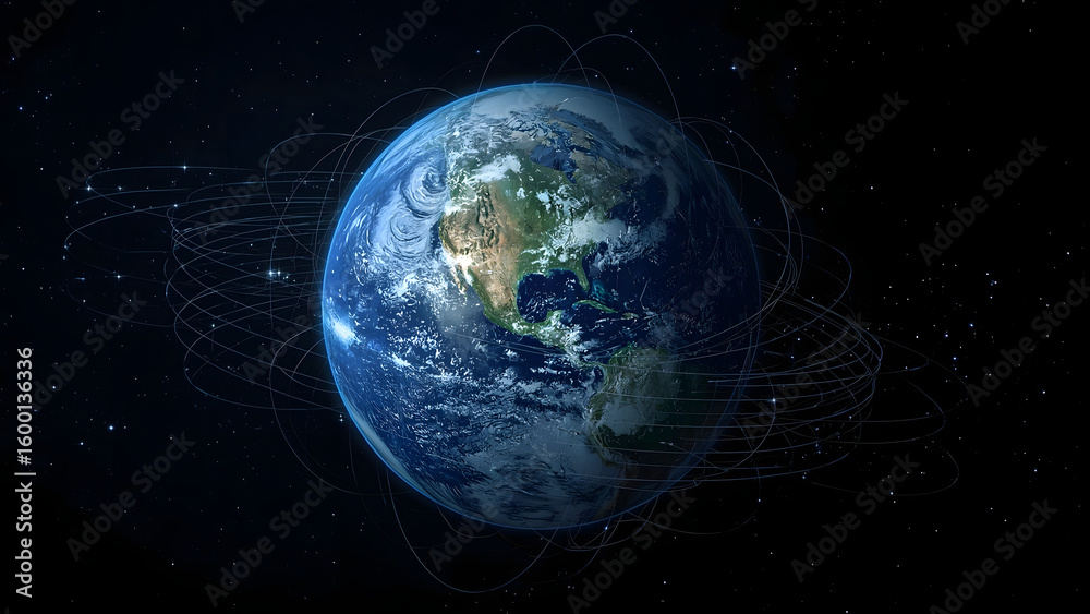 Naklejka premium Futuristic digital Earth with orbit lines, symbolizing tech, data, and global connectivity. 