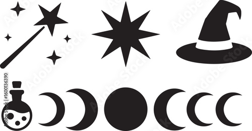 Magic wand stars potion hat and moon phases vector