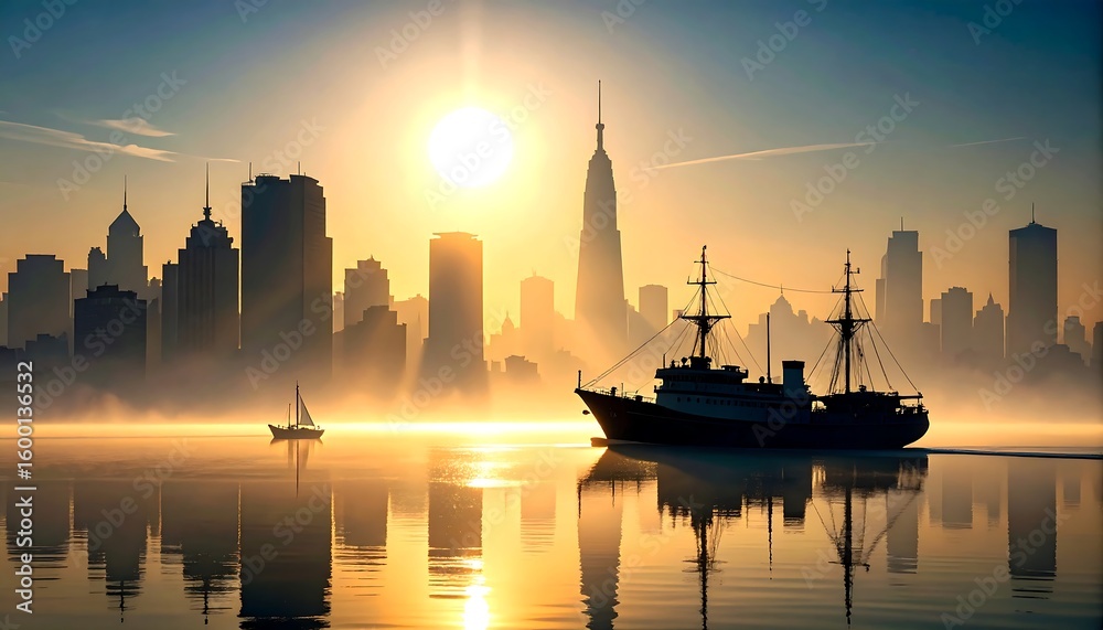 Naklejka premium Silhouette city skyline at sunrise over calm water