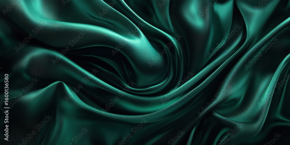 Fototapeta premium Deep emerald green satin fabric drapes in elegant folds.
