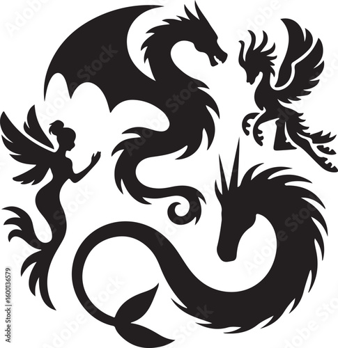 Mythical creatures including dragons and a fairy phoenix
