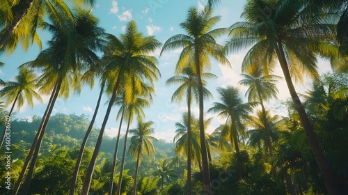 Looking up through lush green palm trees towards a bright blue sky