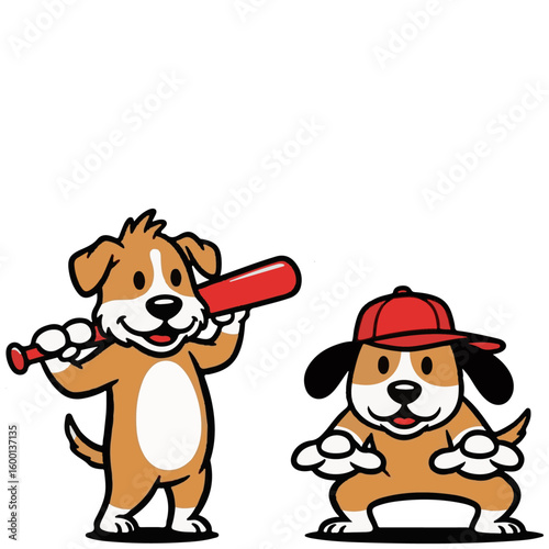 Two cartoon dog illustrations engaged in baseball: one brown and white dog holding a red baseball bat over its shoulder, and another brown and white dog wearing a red baseball cap, ready to catch