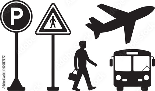 Transportation and pedestrian signs with airplane and bus parking crossing