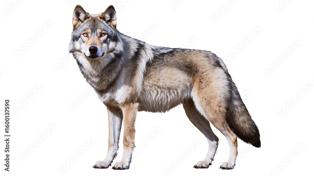 Obraz premium majestic grey wolf stands proudly against a white backdrop, its fur in the natural colors. The creatures piercing eyes reveal a sense of primal wisdom and power, capturing essence untamed wilderness