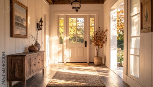 Inviting Home Foyer with Natural Light and Rustic Wood Furniture
