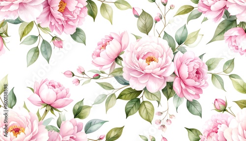 Delicate floral pattern of pink roses and leaves on white background