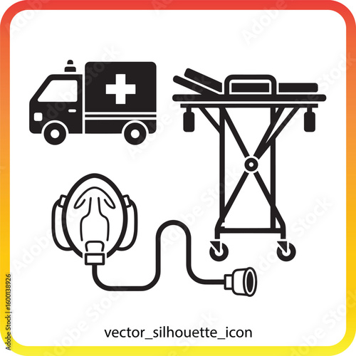 Medical Emergency Icons Ambulance Stretcher and Breathing Mask Representing Healthcare Services and Emergency Response Capabilities