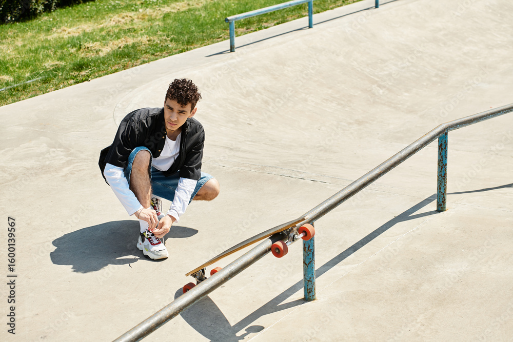 Fototapeta premium Young man ties shoelaces while preparing to skateboard at a vibrant park area