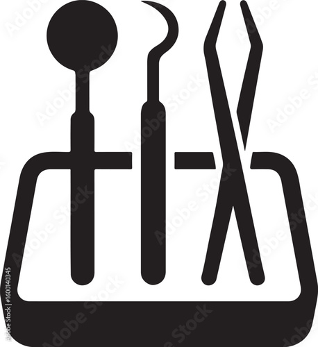 Silhouette vector of a dental tray with tools, symbolizing dental instruments used for patient treatment.