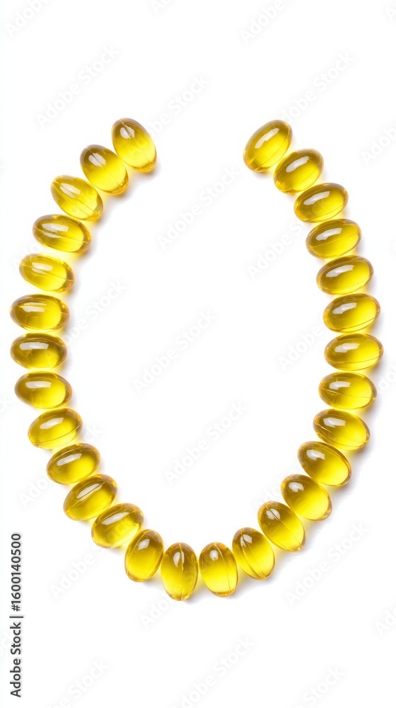 Obraz premium Golden capsules glisten in semicircle, resembling solar beads, invoking wellness rituals, World Health Day, and mysterious alchemical traditions