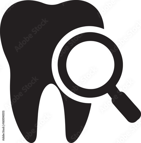 Silhouette vector of a magnifying glass on a tooth, symbolizing dental inspection, diagnosis, and oral examination.