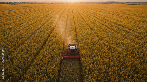 Top view of endless golden rice fields, harvesters, sunset.