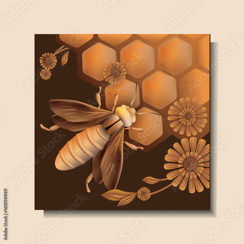 Bee in hive with honeycombs and flowers nearby close-up. Vector art drawing for kitchen wall design, other room, T-shirt printing, cup, honey jar label, sale of beekeeping products shop advertising.