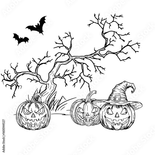 Pumpkins with carved faces under old gnarled tree, in a dark forest thicket, black and white sketch. Vector illustration. Pumpkin in witch's blooper, Halloween decor element, isolated on background
