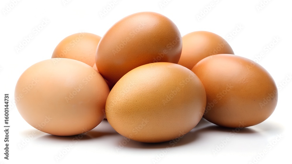 A group of fresh brown eggs are piled together on a clean A group of fresh brown eggs are piled together on a clean