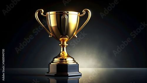 A gleaming golden trophy sits on a reflective surface