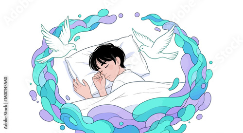 Peaceful Sleeping Man with Doves and Dreamy Abstract Illustration