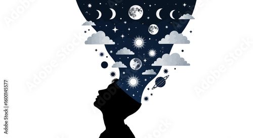 Silhouette of a Person with Celestial Imagery in Profile View