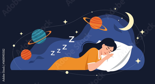 Woman Sleeping peacefully in a cosmic dreamland