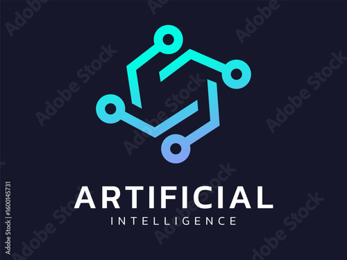 Artificial intelligence with hexagon Network movement technology Analysis logo vector design concept. AI technology logotype symbol for advance technology, tech company, identity, ui, website, robot.