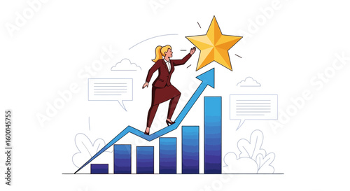 Businesswoman Reaching for Golden Star on Rising Chart