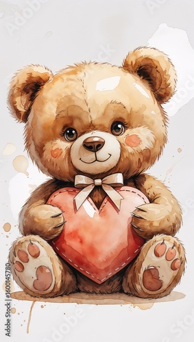 Vertical banner, wallpaper for social media of cute teddy bear sits centered holding a big heart, its soft fuzzy fur rendered in warm watercolor hues of honey brown and beige