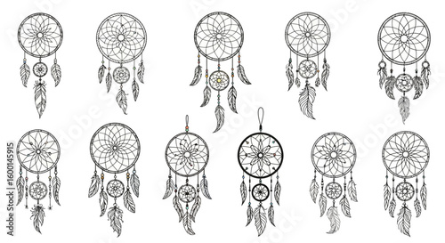 Collection of Dreamcatchers with Feathers and Beads, Hand-Drawn Style
