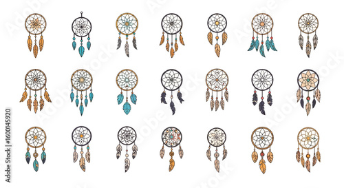 Dreamcatchers Collection: Hand-Drawn Native American Amulets with Feathers and Beads