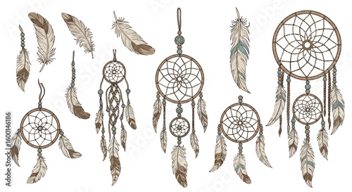 Collection of Ornate Dream Catchers with Brown and Beige Feathers