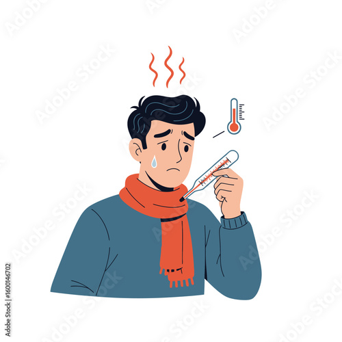 Worried Man Checking His Temperature with Thermometer