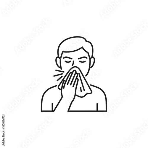 Line Art Illustration of a Man Sneezing into a Handkerchief