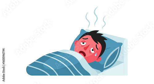 Cartoon Illustration of a Sick Person in Bed, Feverish and Unwell
