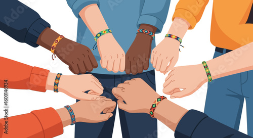 Diverse Hands Clasped Together, Wearing Colorful Woven Friendship Bracelets