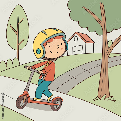 A happy boy with a red helmet riding a scooter on a sidewalk near a house and trees in a cartoon style