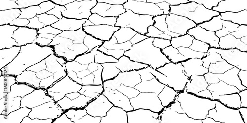 Detailed black and white illustration of cracked dry earth texture, showing deep fractures and fragmented surface. Ideal for drought, climate change, or desert-themed design and backgrounds.