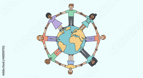 Diverse People Holding Hands Around Earth Globe, Unity and Global Connection