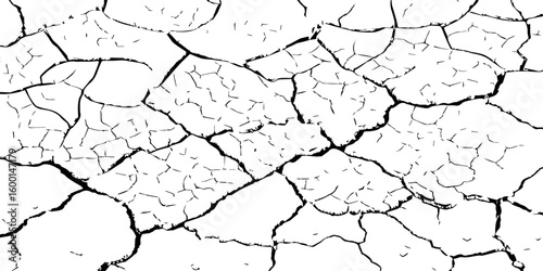 Detailed black and white illustration of cracked dry earth texture, showing deep fractures and fragmented surface. Ideal for drought, climate change, or desert-themed design and backgrounds.