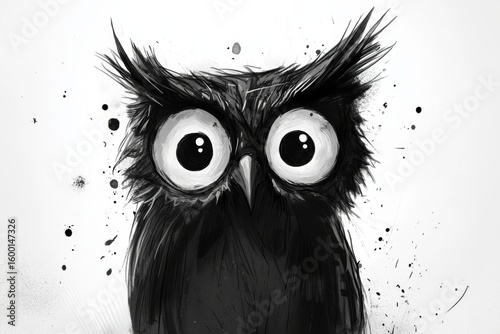 This striking black and white illustration features an expressive owl with large eyes and abstract splashes. Perfect for art lovers and nature enthusiasts.