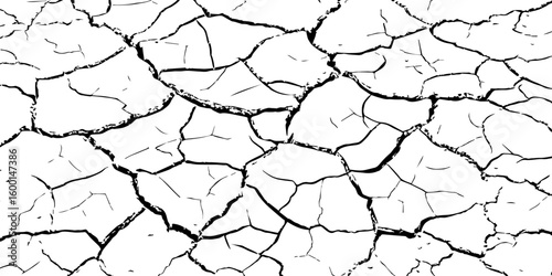 Detailed black and white illustration of cracked dry earth texture, showing deep fractures and fragmented surface. Ideal for drought, climate change, or desert-themed design and backgrounds.