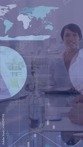 Animation of infographic interface moving over caucasian business partners shaking hands in meeting