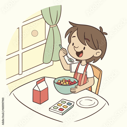 A young boy with brown hair eating cereal from a bowl with a spoon in a kitchen near a window pane