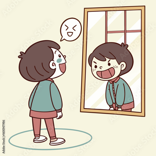 A boy with curly hair looks in a mirror and sees a smiling version of himself with a star shirt on