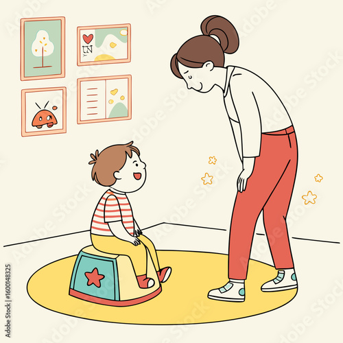 A cartoon illustration of a child sitting on a toilet in a bathroom with a towel and striped wallpaper