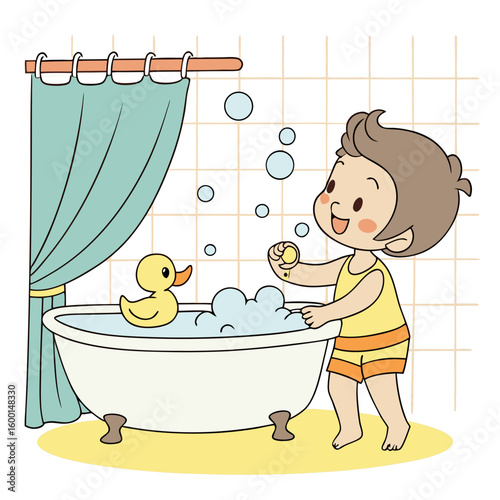 A happy child is taking a bath with a rubber duck and bubbles in a tub near a shower curtain and tiles