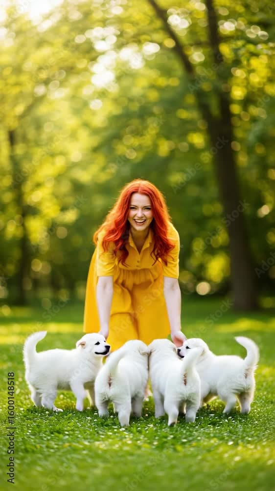 Happy young redhead woman in a yellow dress playing with a litter of cute white puppies on the grass in a sunny park. Joyful pet owner with her dogs. Happy young redhead woman in a yellow dress playing with a litter of cute white puppies on the grass in a sunny park. Joyful pet owner with her dogs.