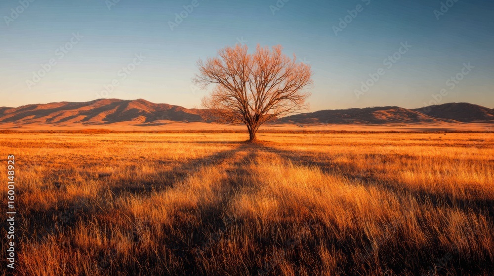 Fototapeta premium A solitary tree casts a long shadow across a golden field at dawn.