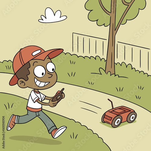 A boy with a cap runs with a remote control in his hands chasing a toy car on a path near a tree and fence