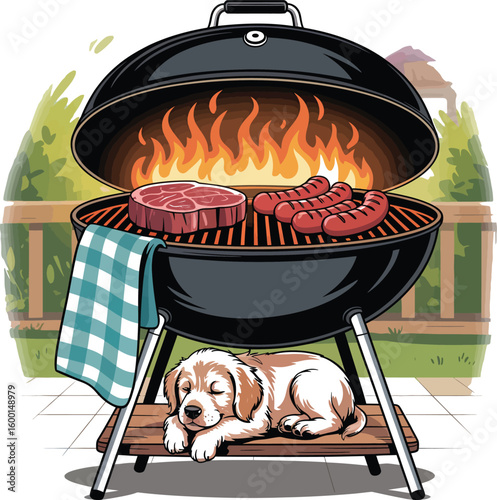 
Vector Backyard BBQ: Grilling Steak & Sausages while a Dog Sleeps Comfortably.